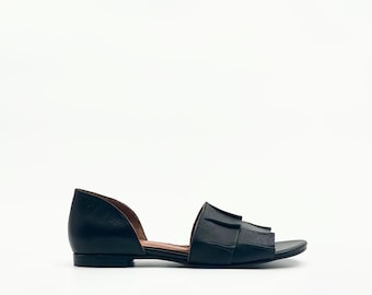 Black Leather Flats – Pleated Front Detail & Open Side Design