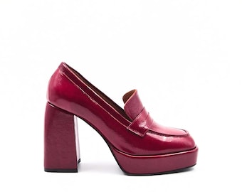 Retro Chic Burgundy Patent Leather Platform Loafers, Block Heel Handmade Women’s Pumps