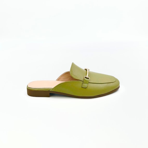 Olive Green Genuine Leather Women's Mules – Elegant Comfortable