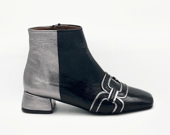 Black & Silver Leather Ankle Boots – A Statement of Elegance