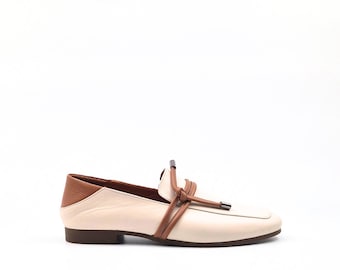Beige Leather Loafers Women, Two-Tone Slip-On Flats, Minimalist Casual Shoes