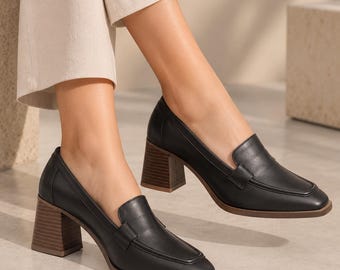 Black Leather Block Heel Loafers – Effortless Elegance