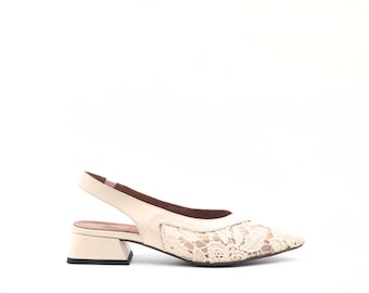 Zapatos slingback de encaje beige mujer, zapatos de cuero punta fina, elegantes zapatos de novia, zapatos de verano hechos a mano