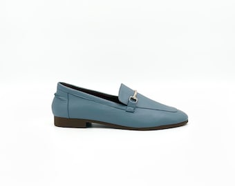 Denim Blue Leather Loafers – Handmade Elegance with Sleek Silver Bit Detail