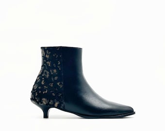 Handmade Black and Leopard Print Leather Ankle Boots – 3.5 cm Kitten Heel & Side Zipper