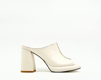 Off-White Leather Platform Mules – Peep Toe with 9cm Block Heel & 2cm Platform