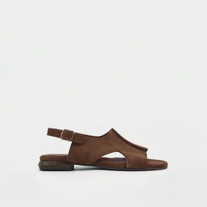 Tan Suede Leather Sandals – Cutout Detail with 2cm Low Heel