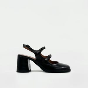Black Crinkled Patent Leather Mary Jane Heels – Triple Strap Retro Elegance