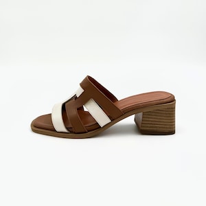 Brown & White Leather Block Heel Sandals – Elegant and Versatile