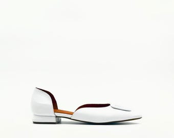 White Leather Flats – D'Orsay Style with Bold Buckle Detail