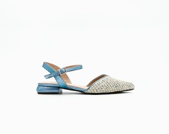 Metallic Blue Leather & Woven Slingback Flats – Chic Summer Essential