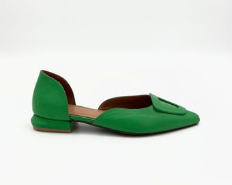 Handmade Green Leather Slingback Shoes – A Touch of Nature