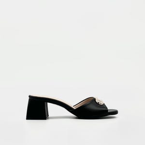 Black Leather Mules – 5cm Heel with Gold Buckle Detail