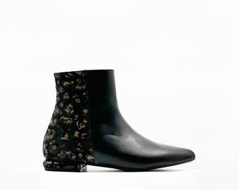 Handmade Black Leather Ankle Boots with Leopard Print – Pointed Toe & Low Heel