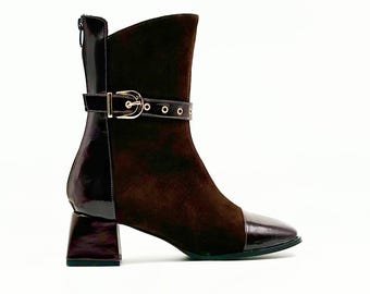 Handmade Brown Suede & Patent Leather Ankle Boots – Square Toe, Buckle Strap  5 cm Heel