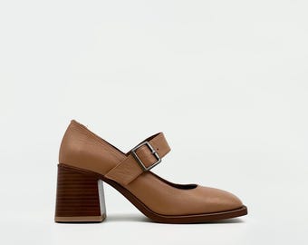 Biscuit Leather Mary Jane Heels – Elegant Everyday Style with 6cm Block Heel