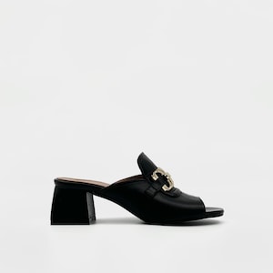 Black Leather Mules – Chic Gold Accent with 5cm Heel