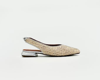 Silver & Raffia Slingback Flats – Natural Texture with a Glamorous Edge