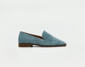Aqua Green Suede Loafers with Hand-Stitched Edge – Fresh Elegance in Every Step