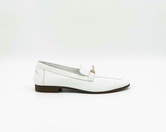 White Leather Loafers – Handmade Minimalist Chic with Gold Bit Accent