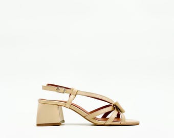 Beige Leather Sandals – Bow Detail with 5cm Block Heel & Slingback Strap