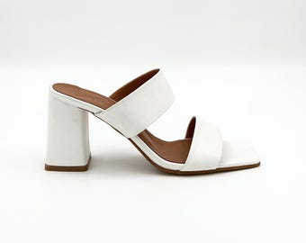 White Leather Block Heel Sandals – Elegant & Versatile