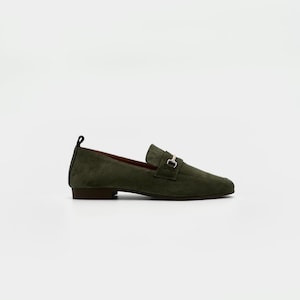 Khaki Green Suede Loafers with Gold Bit Detail – Effortless Elegance for Everyday Wear