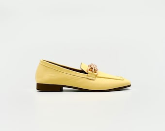 Yellow Leather Loafers with Gold Chain – Bold Color Meets Classic Charm
