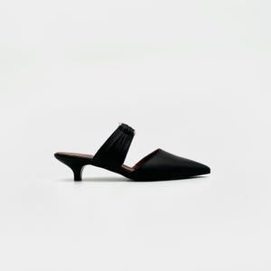 Black Leather Kitten Heel Mules – Elegant Slip-On with Ring Detail