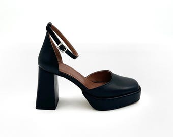 Black Leather Platform Mary Jane Heels – Elegant & Bold