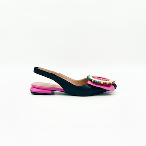 Black & Fuchsia Leather Slingback Flats – Handmade with Colorful Ring Detail