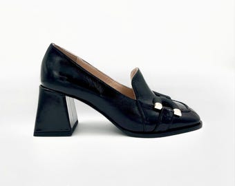 Elegant Black Pearlized Patent Leather Block Heel Loafers with Statement Buckle