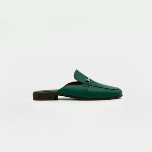 Green Leather Backless Loafers – Elegant Flat Mule with Gold Accent