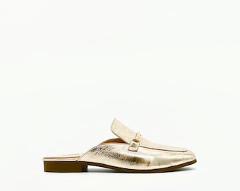 Gold Leather Backless Loafers – Classic Touch with Golden Bit