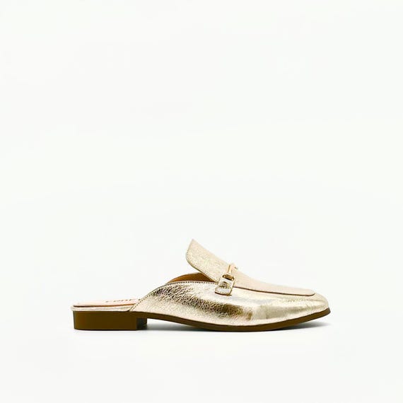 Gold Leather Backless Loafers – Classic Touch with Golden Bit