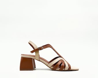 Beige & Tan Leather Heeled Sandals – 5cm Block Heel with Cut-Out Strap Detail