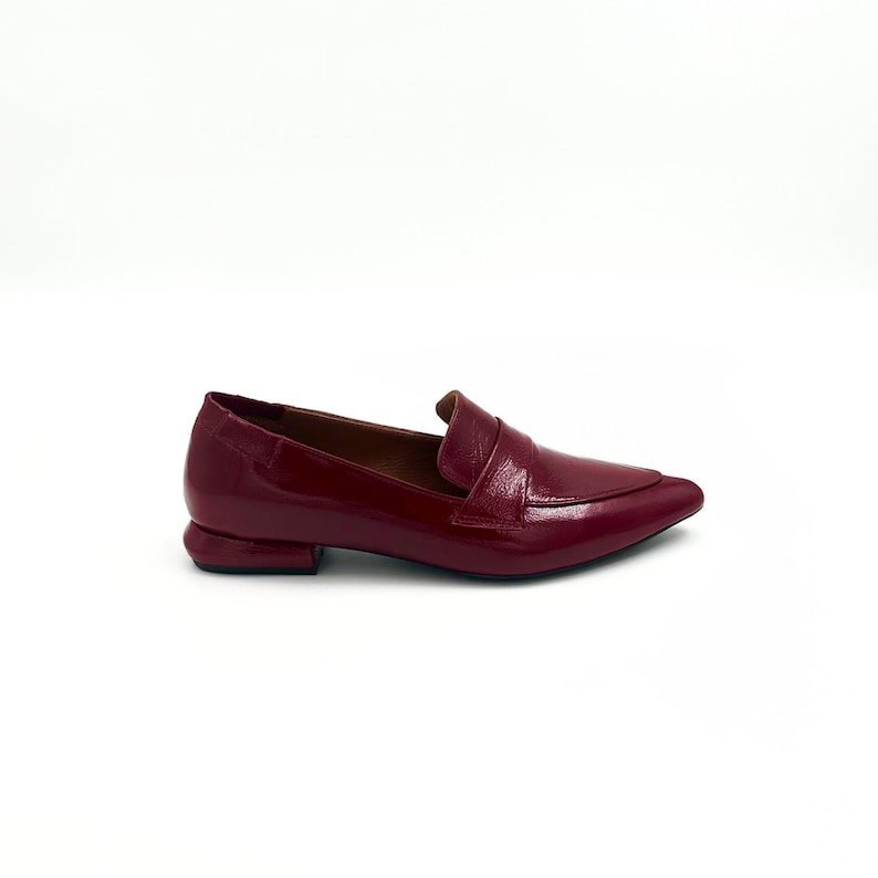 May include: Burgundy leather loafers with a pointed toe and a small heel.