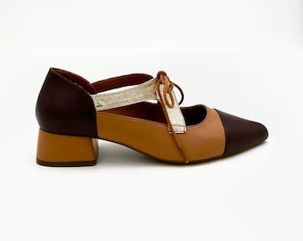 Tan, Dark Brown & Gold Leather Lace-Up Heels – A Fusion of Elegance and Comfort