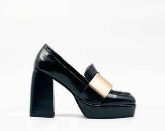 Black Crinkled Patent Leather Platform Loafers – 10cm High Block Heel with Metallic Detail