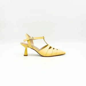 Yellow Leather T-Strap Heels – Retro Cutouts with Modern Charm