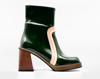 Stylish Green Leather Ankle Boots – Retro & Chic