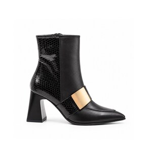Handmade Black Leather Ankle Boots, Pointed Toe Block Heel, Python Print Buckle Booties