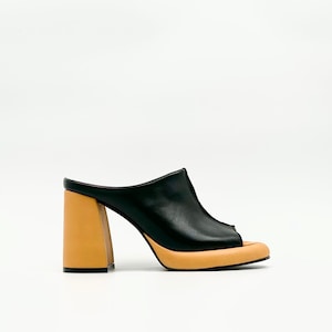 Black & Mustard Leather Mules – Bold Platform Heels with Peep Toe