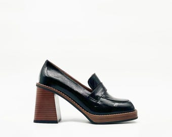 Black Crinkled Patent Leather Loafers – 8cm Block Heel with 15mm Platform