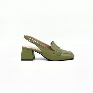 Olive Green Leather Slingback Heels – Stylish Comfort with a Sculpted Twist