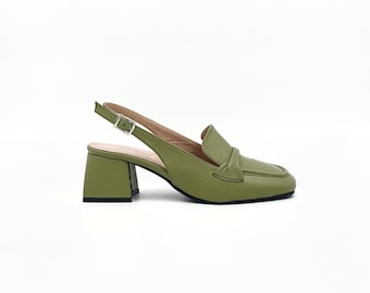 Olive Green Leather Slingback Heels – Stylish Comfort with a Sculpted Twist