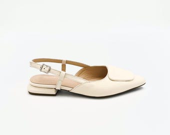 Cream Leather Slingback Flats with Decorative Buckle – Effortless Elegance & Comfort