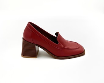 Red Leather Block Heel Loafers – Bold & Timeless