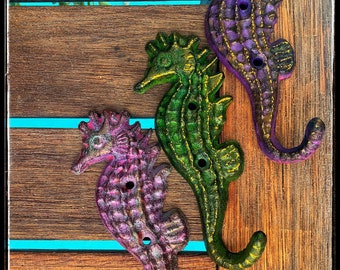 Seahorses - wall hooks. Beautiful colors - Embellishment by ink staining. Custom orders welcome