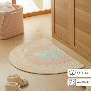 Rainbow Cotton Kids Rug: Semi-Circle Pastel Playroom Mat (71x50 cm) Washable